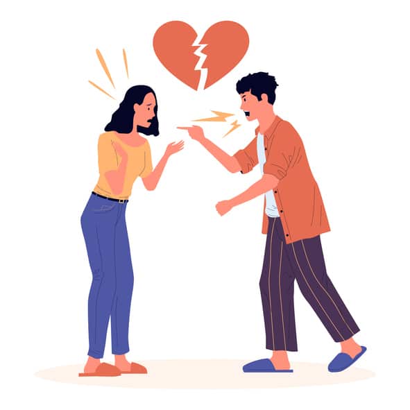 Cartoon couple dissolution. Angry quarrel between man and woman. Young people shouting. Family conflict or dispute scene, problem in relations. Isolated broken heart sign. Vector illustration