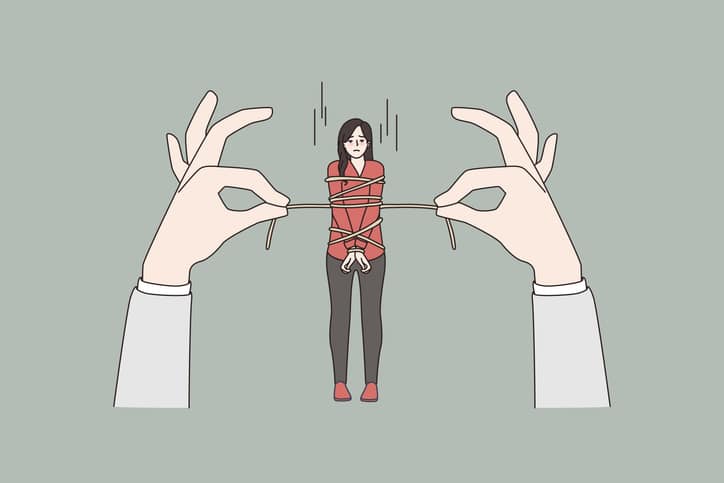 Stressed woman tied with rope by huge hands. Distressed female victim businesswoman confident by obligation or bond. Financial burden, risk. Flat vector illustration, tiny people.